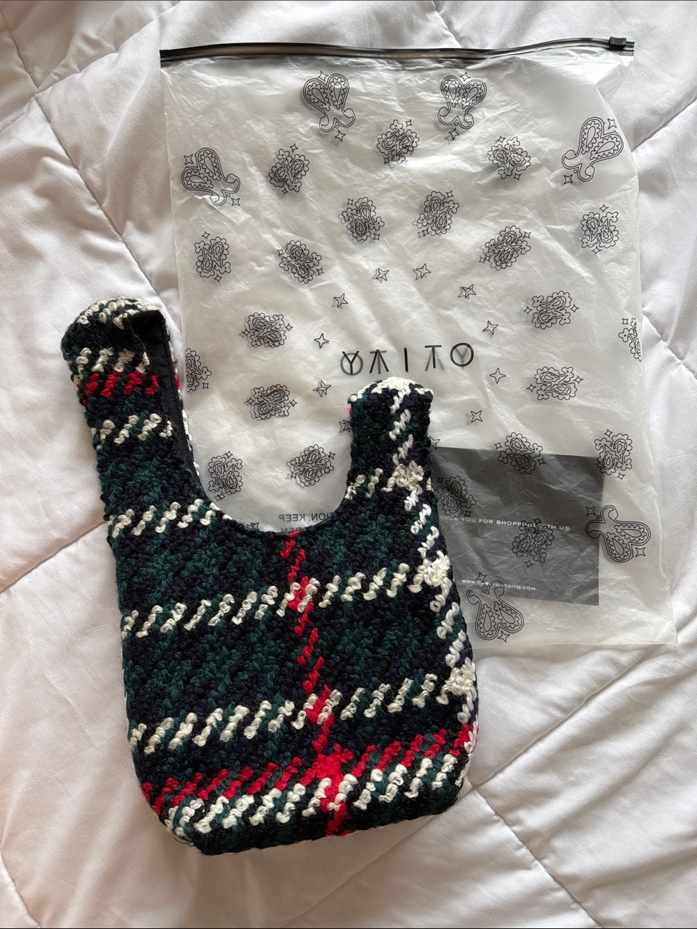YAITO Plaid Knit Shoulder Bag in Black, Green, Red & Cream